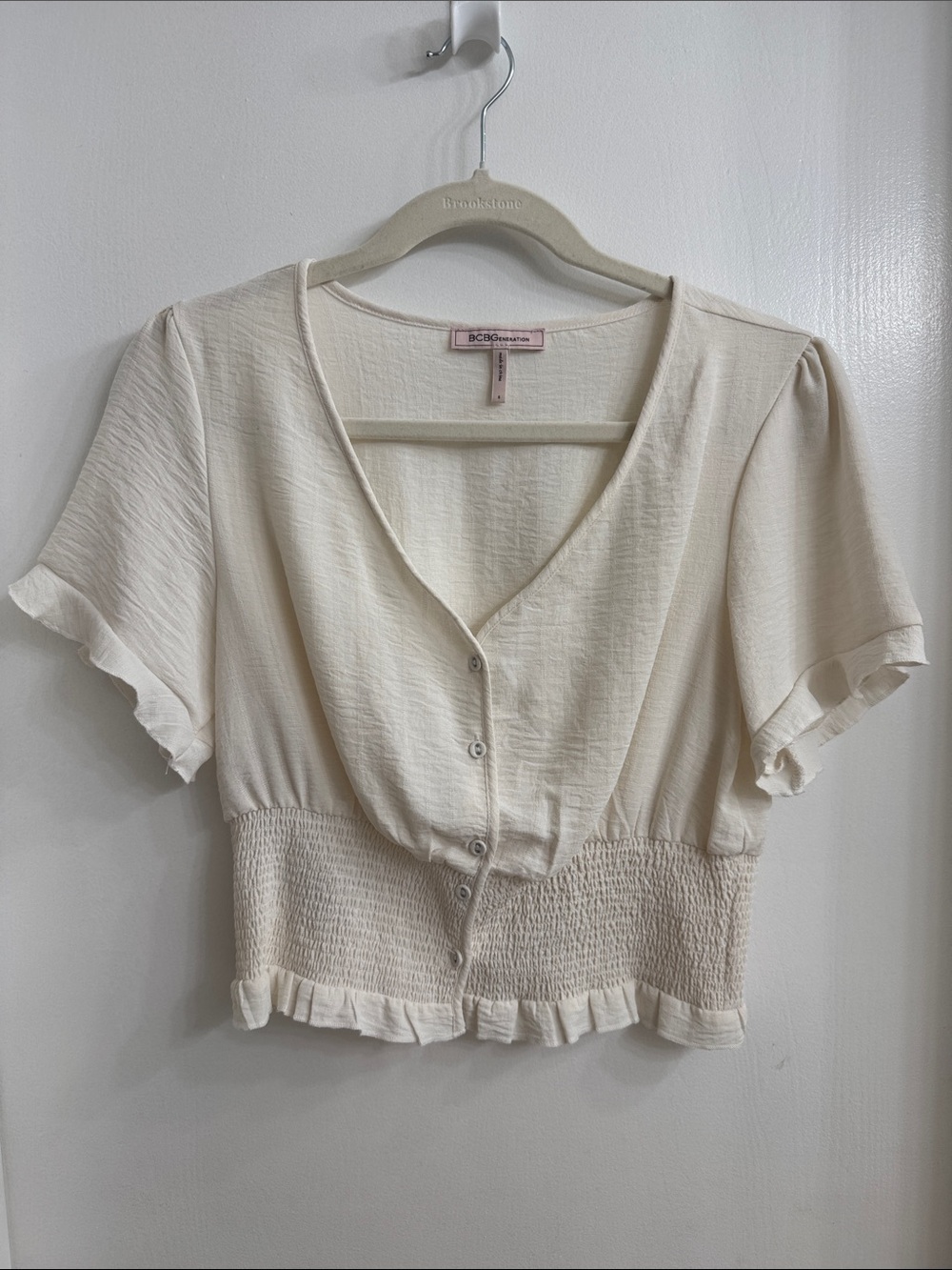 BCBGeneration Cream Button-Front Smocked Top